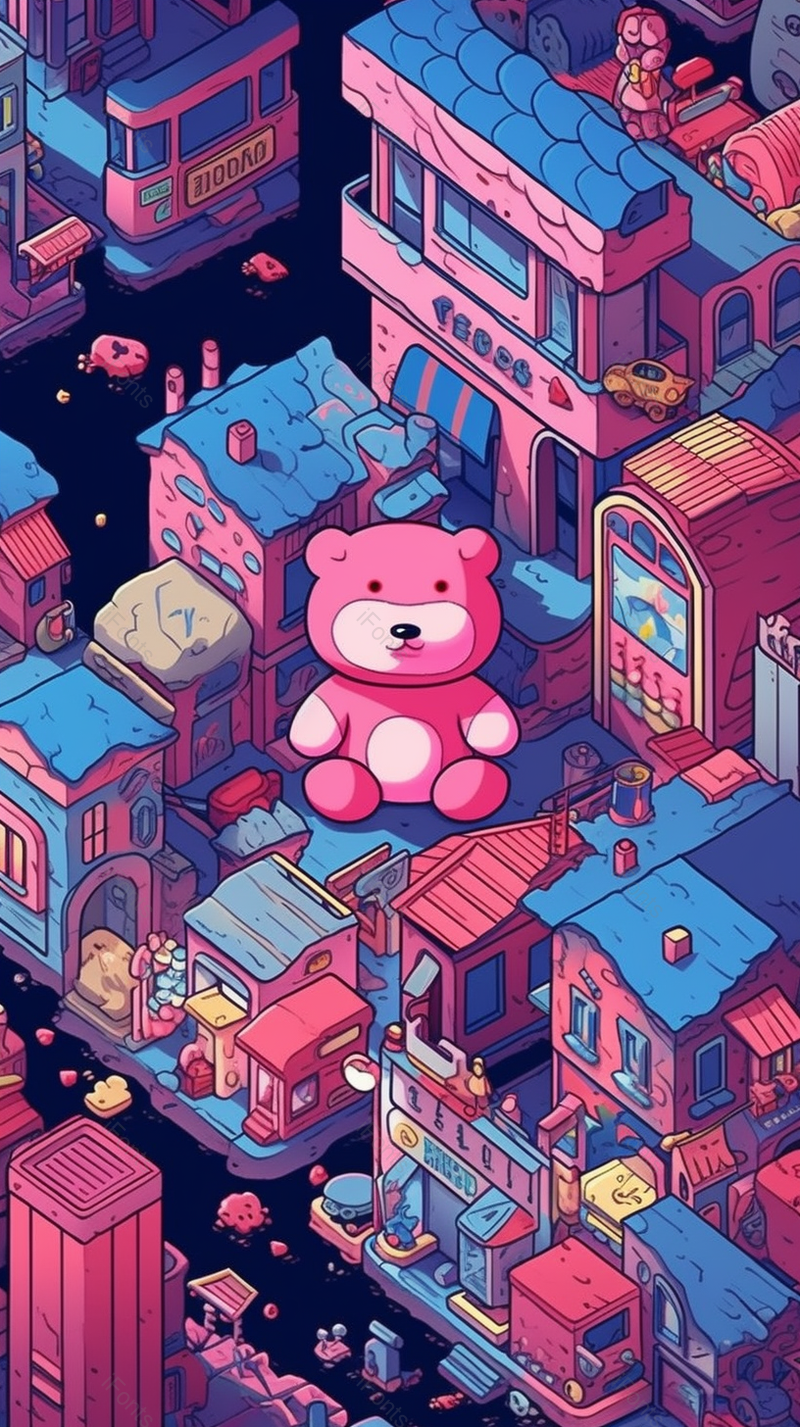 玩具小熊坐在庭院院子花园内楼房房屋城市六一儿童节背景粉色插画,插画/手绘图,插画/手绘图库,插画/手绘图下载,插画/手绘